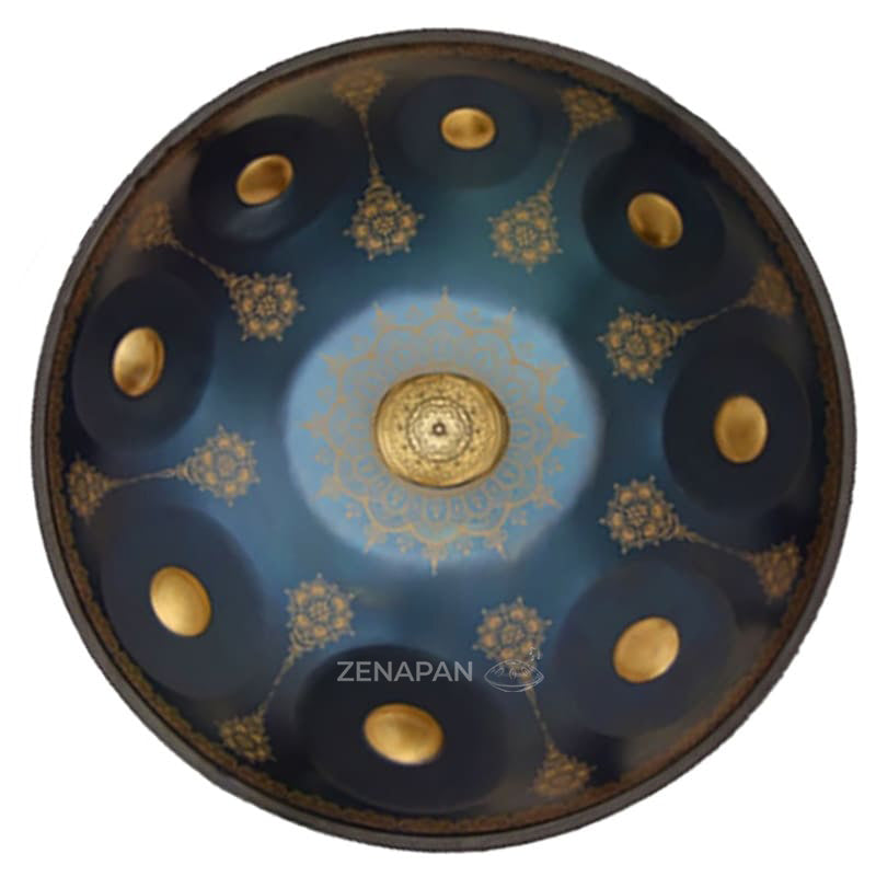 Handpan, Frequenz 432 Hz, Frequenz 440 Hz, Hang Drum, Hang, Ré-Moll-Kurd-Skala, Zenapan, C-Dur, Original-Hang, Handpan kaufen, Farbe blau und gold