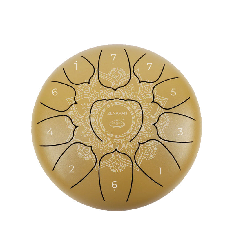 Zungentrommel 11 Noten, Zungentrommel D-dur Mandala, Zungentrommel aus Stahl, steel tongue drum, tongue drum, zungentrommel kaufen, Preis, golden